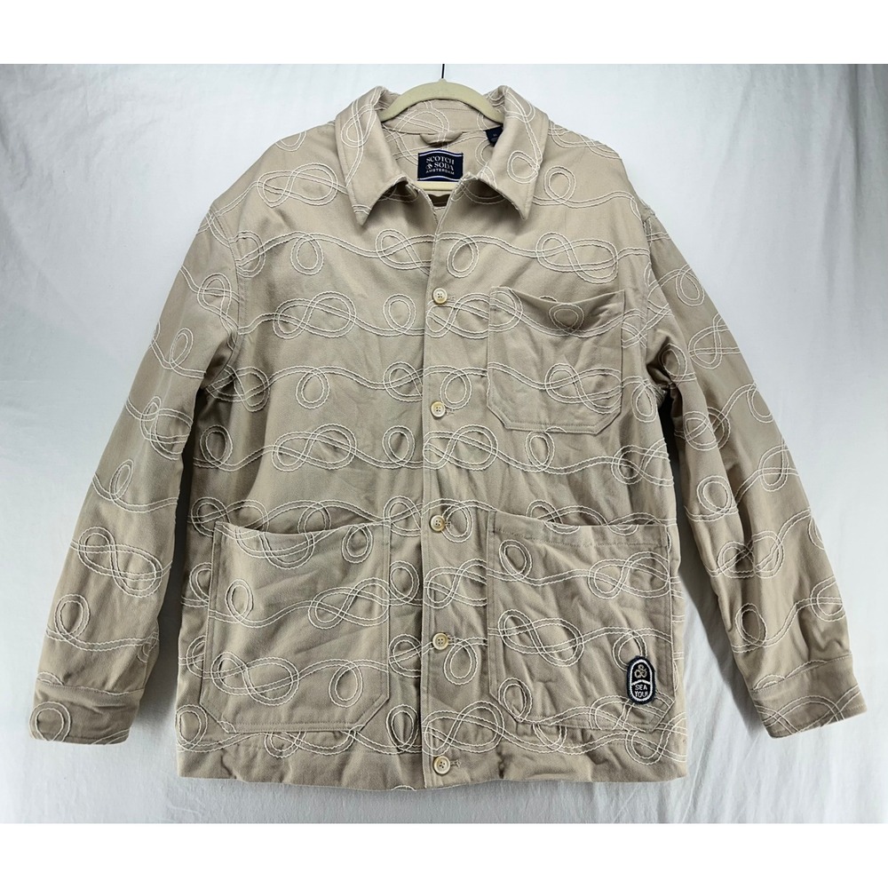 Scotch & Soda Men XL Tan Rope Embroidered Chore Jacket Sea You Khaki Twill Coat